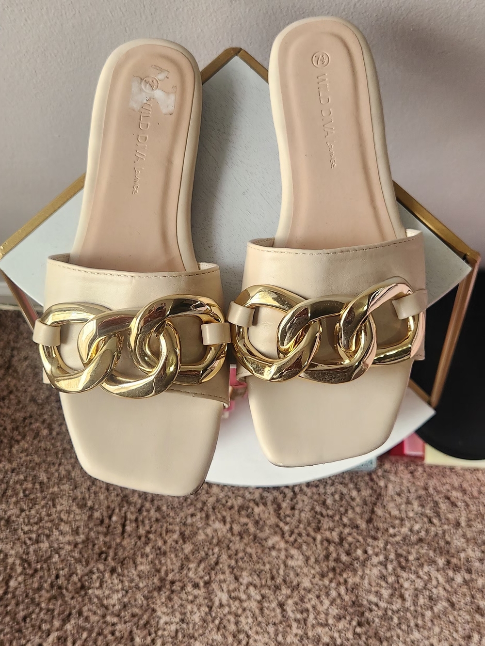 Wild Diva Cream Slide Mules with Chunky Gold Chain